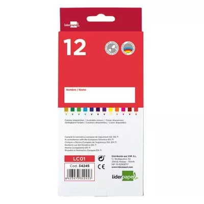 Embalagem de lápis de cor 12 unidades com cores e texto