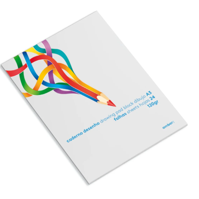 Caderno de desenho com capa branca e desenho colorido de lápis entrelaçados.