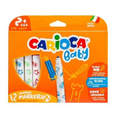 Caixa laranja de marcadores de texto CARIOCA Baby para crianças com 12 marcadores visíveis e textos sobre características.