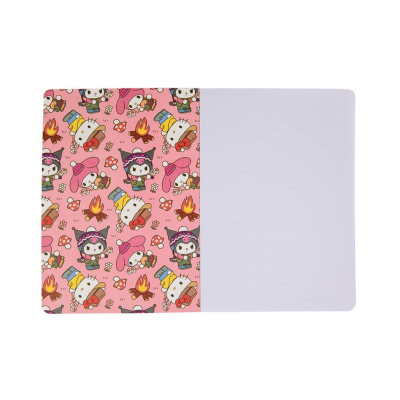 Caderno aberto rosa com padrões de personagens de desenhos animados e páginas com linhas