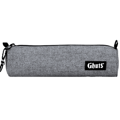 Estojo escolar cinza com fecho e etiqueta Ghuts