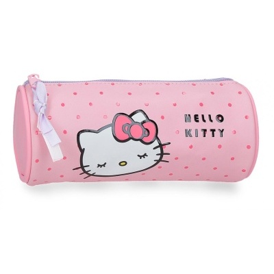 Estojo rosa Hello Kitty com bolinhas e zipper lilás com laço