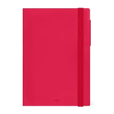 Caderno vermelho com capa lisa e elástico vertical para fechar