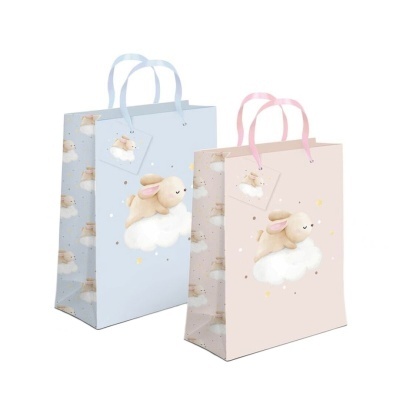 Duas sacolas de papel de presente azul e rosa com coelho em nuvem e estrelas