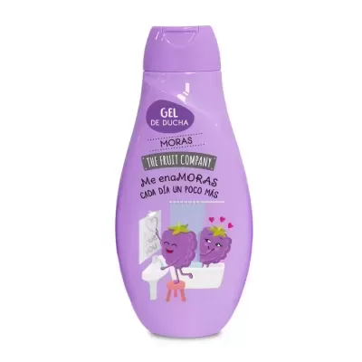 Frasco roxo de gel de ducha com desenho de amoras e texto em espanhol
