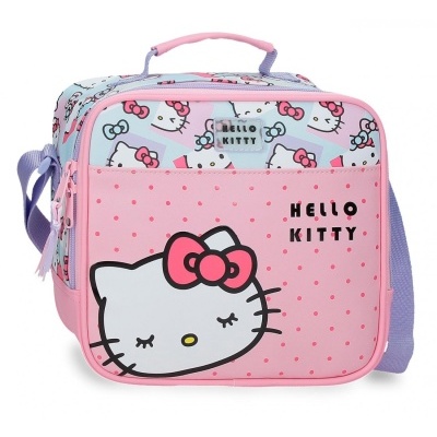 Mala infantil Hello Kitty rosa e azul com alça lilás