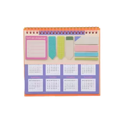 Calendário de secretária com marcadores autocolantes coloridos e frase Let's go shopping!