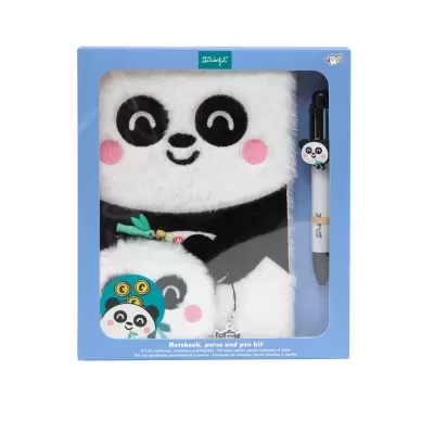 Conjunto de caderno, porta-moedas e caneta com design de panda em caixa azul