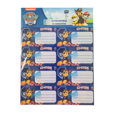 Folha de etiquetas Paw Patrol com personagem Chase e espaço para escrever