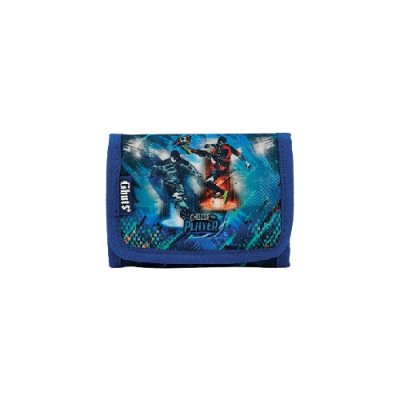 Carteira azul com imagem de jogadores de futebol e texto CHOOSE PLAYER