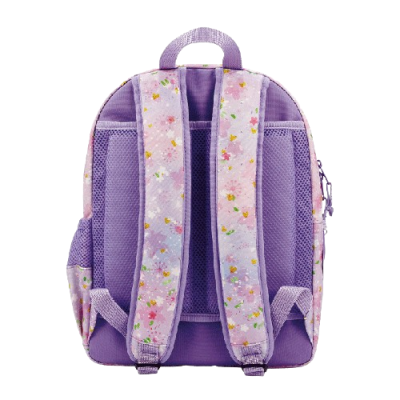 Mochila lilás com alças floridas e painel de malha