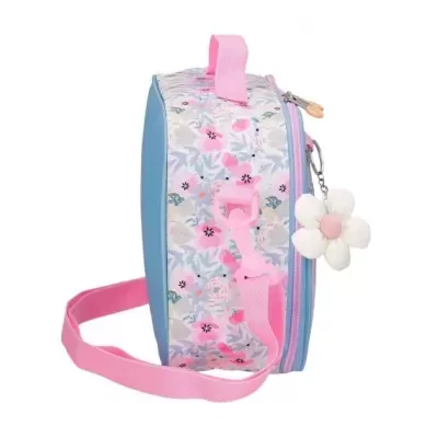 Bolsa térmica infantil com padrão floral e chaveiro de flor