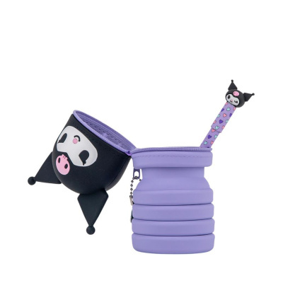 Estojo lilás de silicone com tampa de personagem e lápis lilás com cabeça de personagem