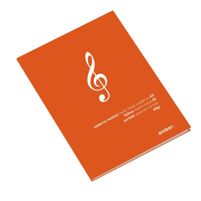 Caderno musical A5 com capa laranja e símbolo de clave de sol