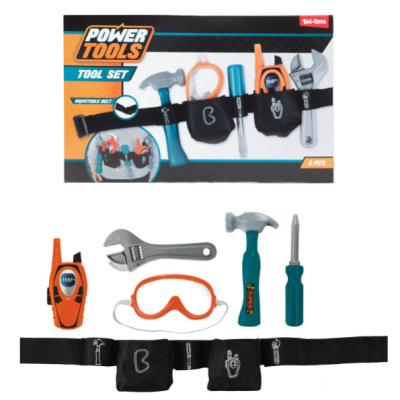 Conjunto de ferramentas de brinquedo com cinto e acessório de óculos laranja numa caixa