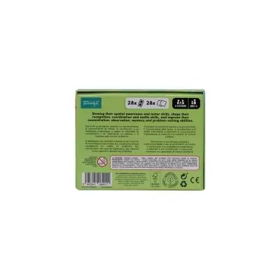 Caixa verde de brinquedo educacional Mr. Wonderful com texto em várias línguas e ícones na parte traseira