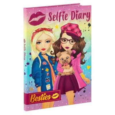 Caderno com capa colorida 'Selfie Diary Besties' e ilustração de duas raparigas e um cão
