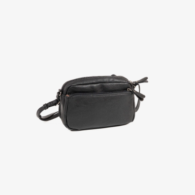 Bolsa preta de couro sintético com fecho e alça ajustável