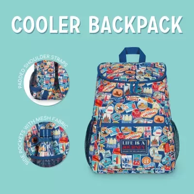 Mochila Cooler com padrão colorido de selos de viagens