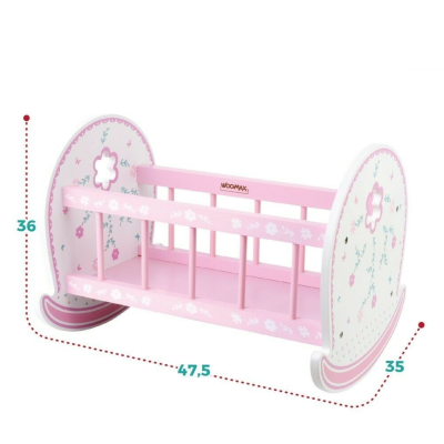 Cama de balanço rosa e branca para bonecas com flores e medidas visíveis
