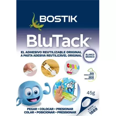 Embalagem de Blu Tack branco da Bostik com texto e ilustrações