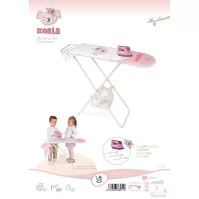 Conjunto tábua de passar roupa para crianças com ferro rosa e bonecos