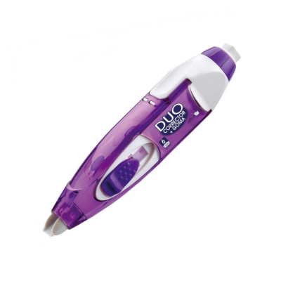 Corretor em fita roxo e branco com texto DUO CORRETOR DE FITA
