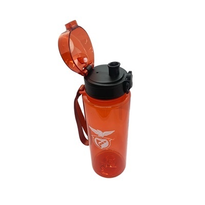 Garrafa desportiva de plástico laranja com tampa preta e símbolo SL Benfica branco
