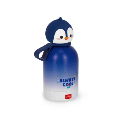 Garrafa térmica infantil com design de pinguim azul e branco e texto 'ALWAYS COOL'