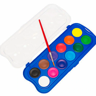 Estojo azul de aguarelas com 12 cores e pincel vermelho
