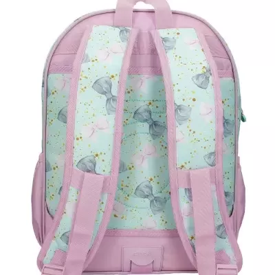 Mochila rosa com padrão de laços cinzentos e rosas