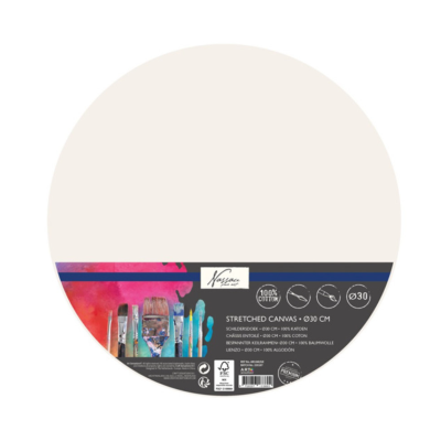 Tela circular esticada para pintura com etiqueta preta e pincéis coloridos na parte inferior