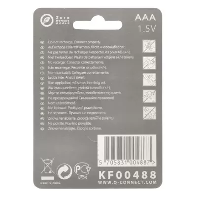 Embalagem cinzenta de pilha AAA 1.5V com texto e ícones