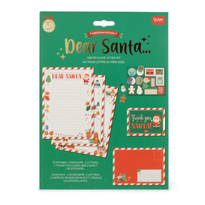 Kit de carta ao Pai Natal com folhas, envelopes e autocolantes em verde e vermelho.