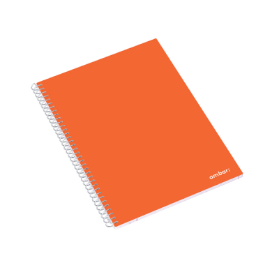 Caderno espiral com capa dura laranja e texto 'ambar'
