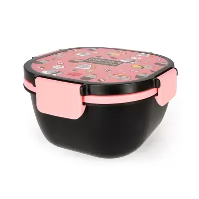Tupperware preto com tampa rosa decorada com gatos e sushi