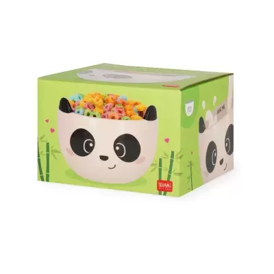 Caixa verde com tigela de panda e cereais coloridos