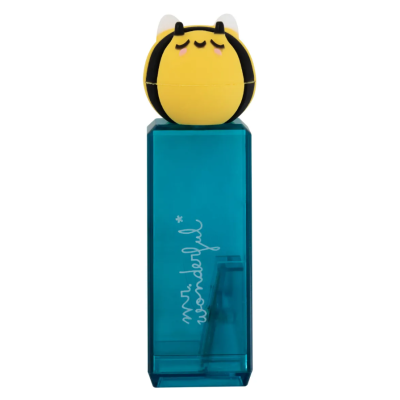 frasco de perfume azul translúcido com tampa amarela em forma de abelha