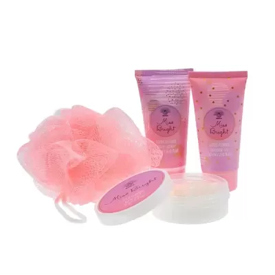 Conjunto de produtos de higiene pessoal com esponja rosa e frascos cor-de-rosa Miss Bright