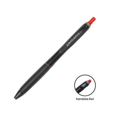 Caneta esferográfica preta com botão vermelho