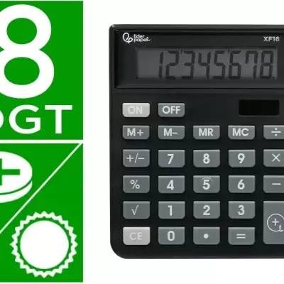 Calculadora preta com visor digital e painel de botões cinza ao lado de gráfico verde com texto e símbolos