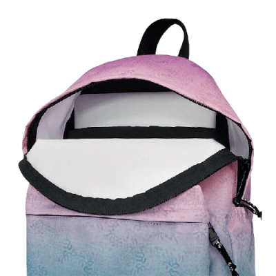Mochila gradiente azul para rosa com interior branco e cinza aberta