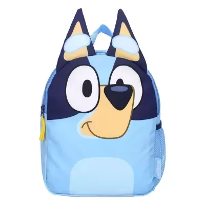 Mochila infantil azul com rosto de cão e orelhas em relevo