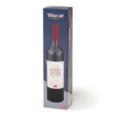 Caixa alta azul com imagem de garrafa de vinho tinto Vermelho Rosso Legami e texto Wine set SET DE VIN