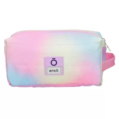 Necessaire retangular em cores pastel com etiqueta 'Ō ensō' e fecho de correr