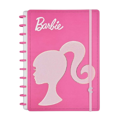 Caderno rosa com capa Barbie e elástico