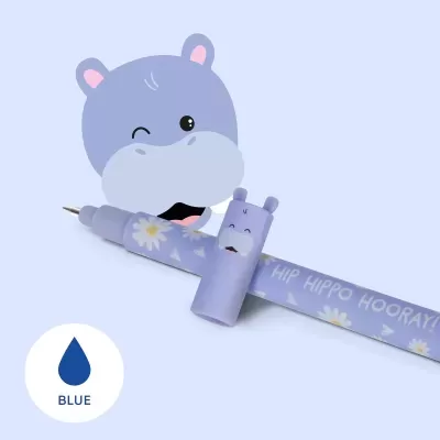 Caneta de gel azul com tampa em forma de hipopótamo lilás sorridente