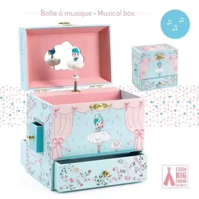 Caixa de música azul clara com ilustrações de bailarina e flores, interior rosa com espelho em forma de nuvem