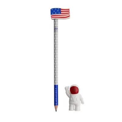 Lápis temático com borracha bandeira EUA e borracha astronauta