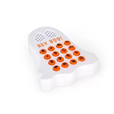 Telemóvel em forma de fantasma branco com botões laranja e texto NEW BOO!